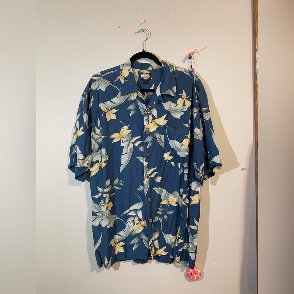 Tommy Bahama Hawaiian Shirt Leaf print Short sleeves Blue yellow Mens large
